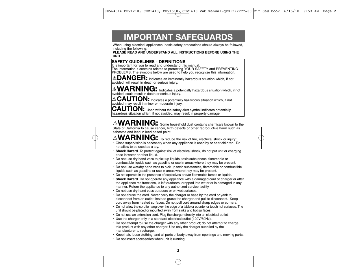 Important safeguards, Warning, Danger | Caution | Black & Decker CHV1510 User Manual | Page 2 / 32