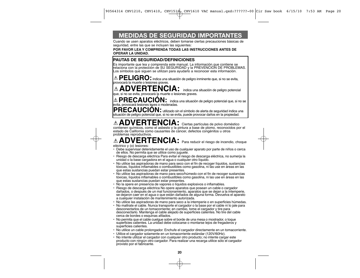 Advertencia, Peligro, Precaución | Medidas de seguridad importantes | Black & Decker CHV1510 User Manual | Page 20 / 32