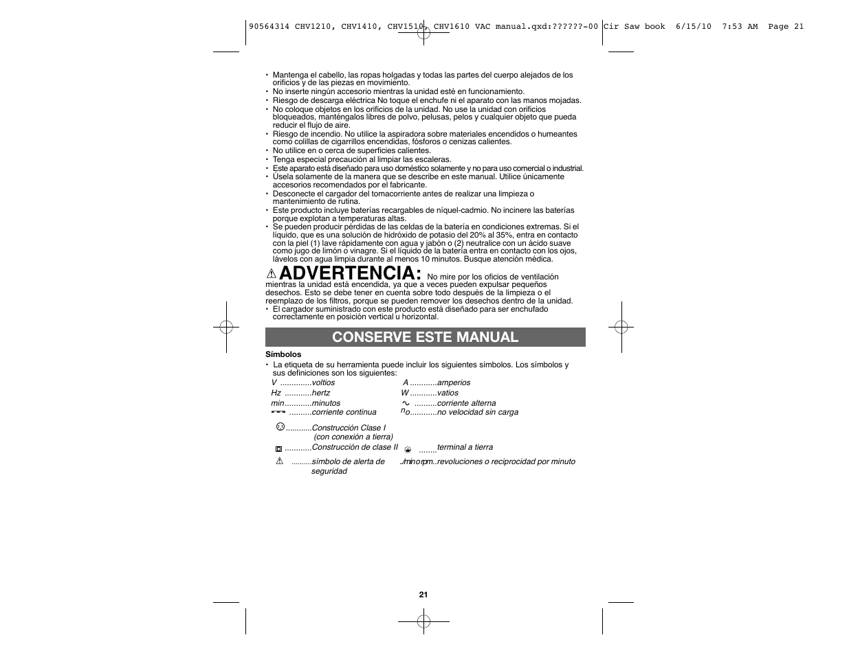 Advertencia, Conserve este manual | Black & Decker CHV1510 User Manual | Page 21 / 32