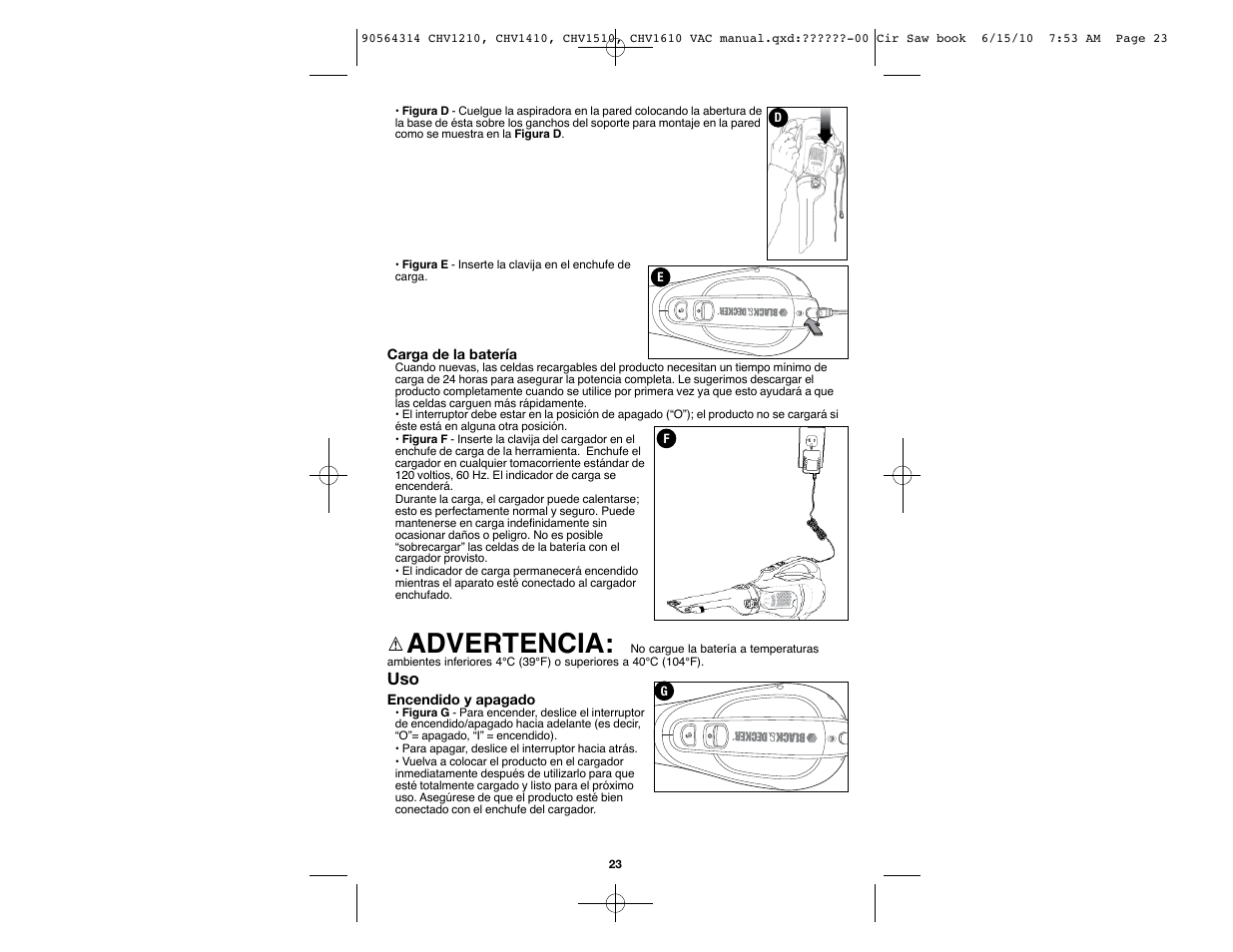 Advertencia | Black & Decker CHV1510 User Manual | Page 23 / 32