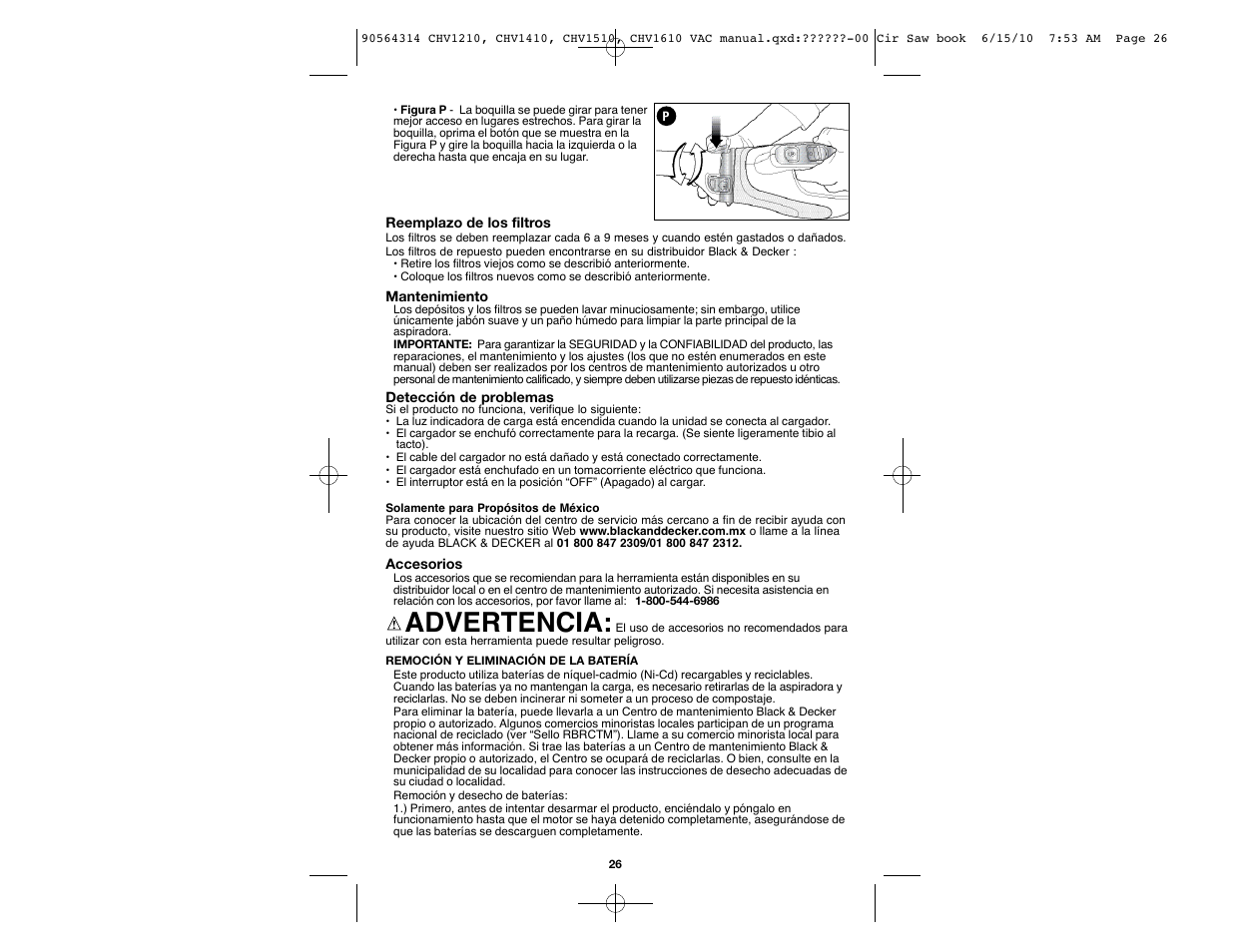 Advertencia | Black & Decker CHV1510 User Manual | Page 26 / 32