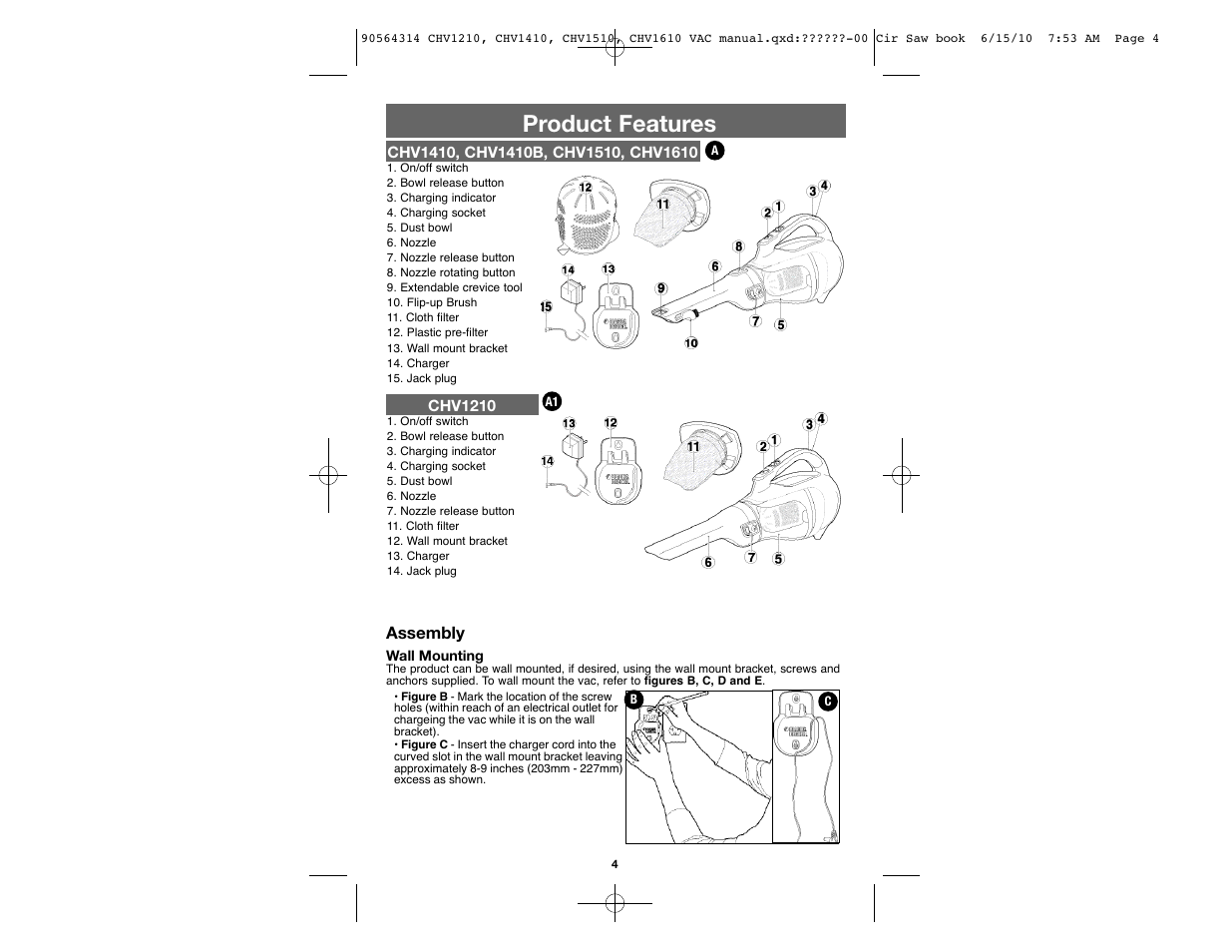 Product features | Black & Decker CHV1510 User Manual | Page 4 / 32
