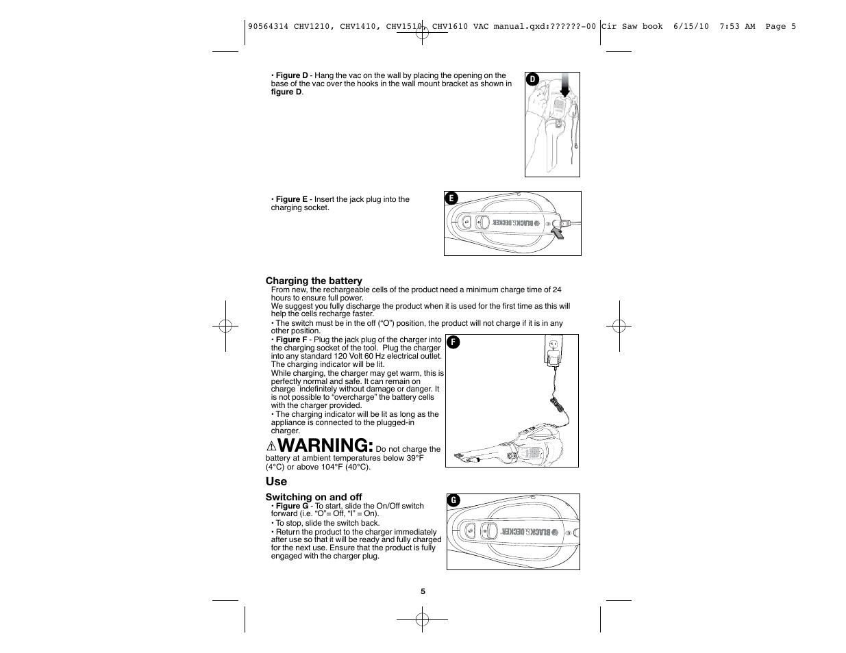 Warning | Black & Decker CHV1510 User Manual | Page 5 / 32