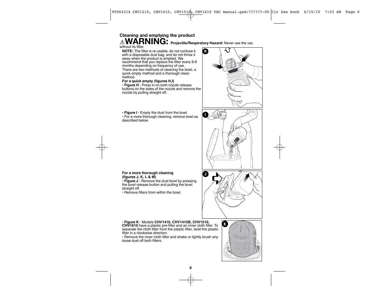 Warning | Black & Decker CHV1510 User Manual | Page 6 / 32