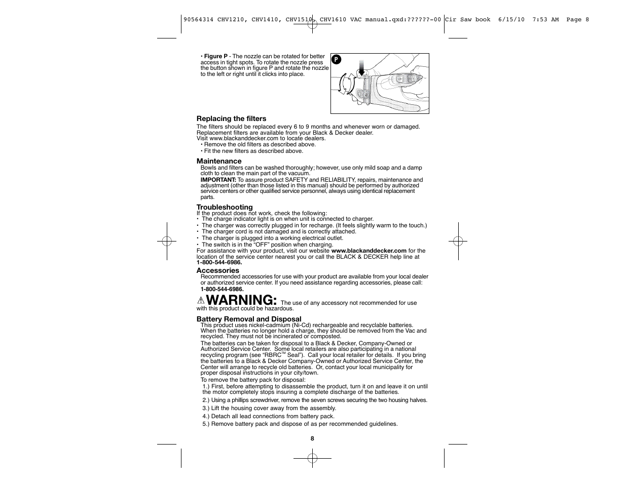 Warning | Black & Decker CHV1510 User Manual | Page 8 / 32