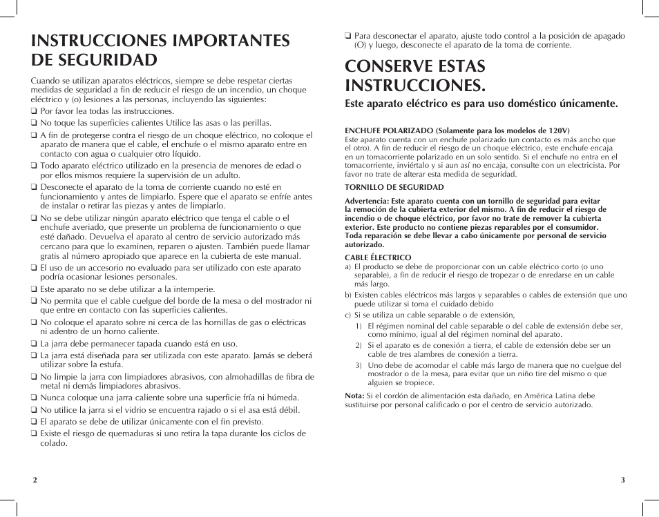 Instrucciones importantes de seguridad, Conserve estas instrucciones | Black & Decker VersaBrew DCM111100W User Manual | Page 2 / 11