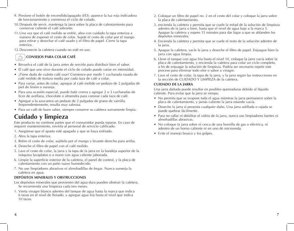 Cuidado y limpieza | Black & Decker VersaBrew DCM111100W User Manual | Page 4 / 11