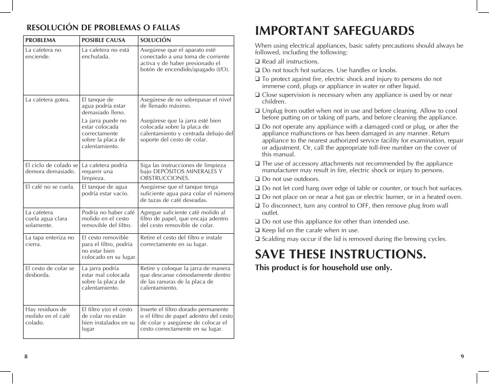Important safeguards, Save these instructions, Resolución de problemas o fallas | This product is for household use only | Black & Decker VersaBrew DCM111100W User Manual | Page 5 / 11