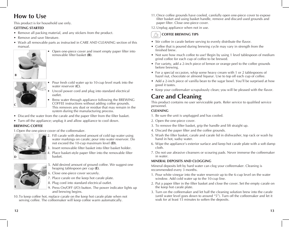 How to use, Care and cleaning | Black & Decker VersaBrew DCM111100W User Manual | Page 7 / 11