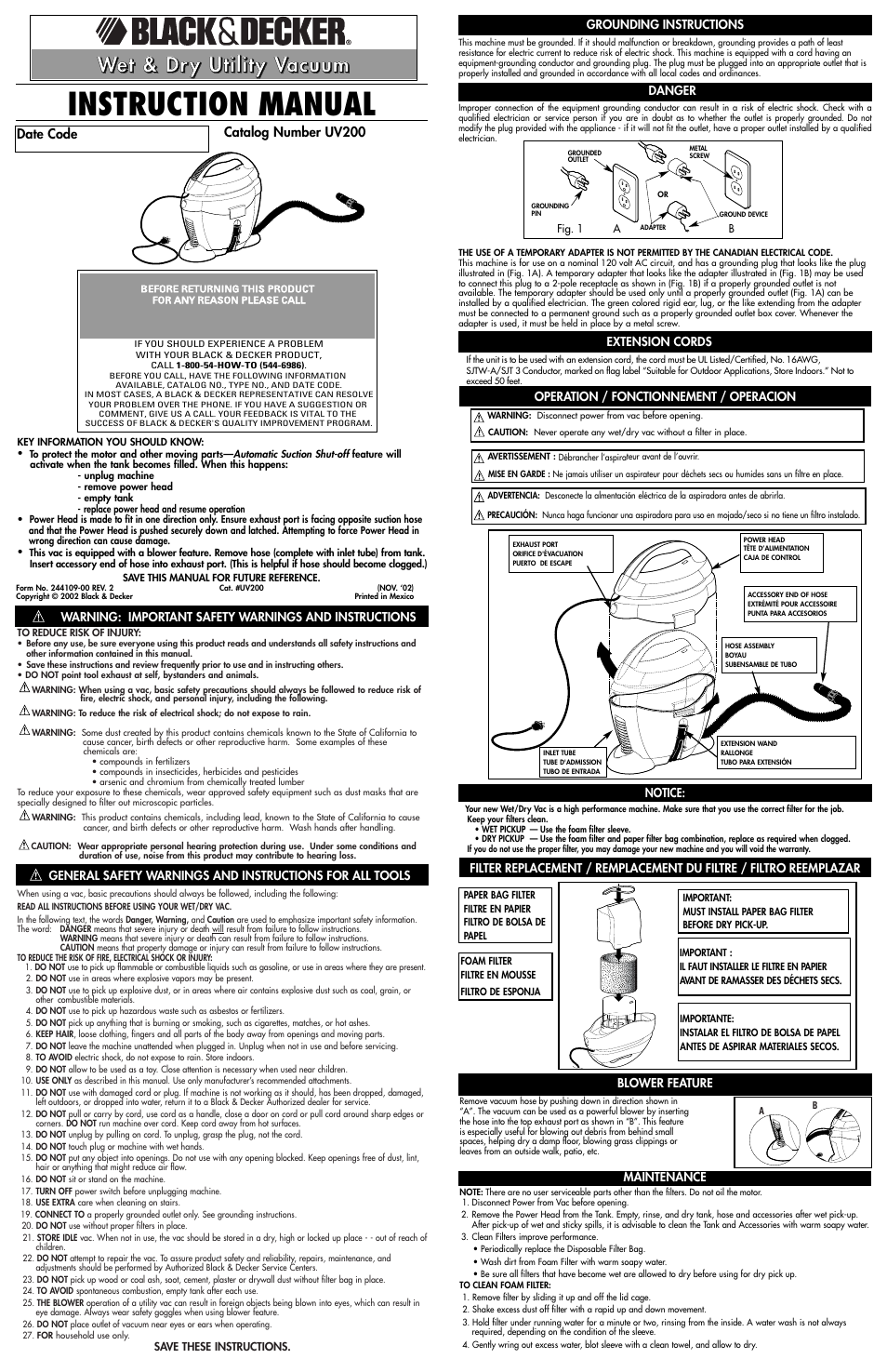 Black & Decker UV200 User Manual | 4 pages