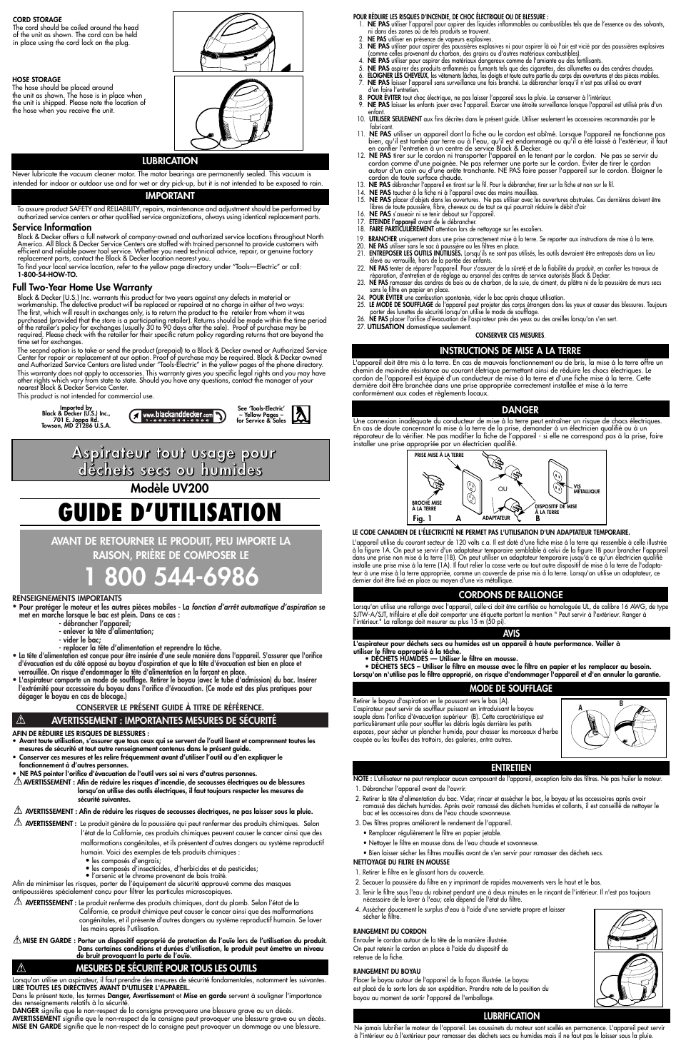Guide d’utilisation | Black & Decker UV200 User Manual | Page 2 / 4
