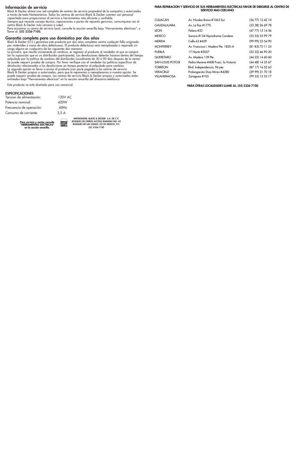 Información de servicio, Garantía completa para uso doméstico por dos años | Black & Decker UV200 User Manual | Page 4 / 4