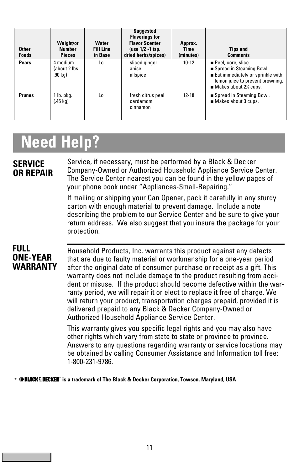 Warranty, Need help, Service or repair full one-year warranty | Cover | Black & Decker HS900 User Manual | Page 11 / 32