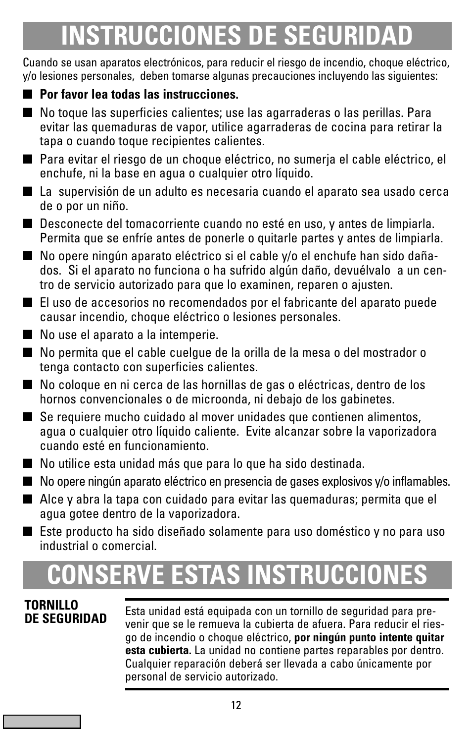Instrucciones, Vaporizadora/arrocera, Español, consulte la pagína 12) | Instrucciones de seguridad, Conserve estas instrucciones | Black & Decker HS900 User Manual | Page 12 / 32
