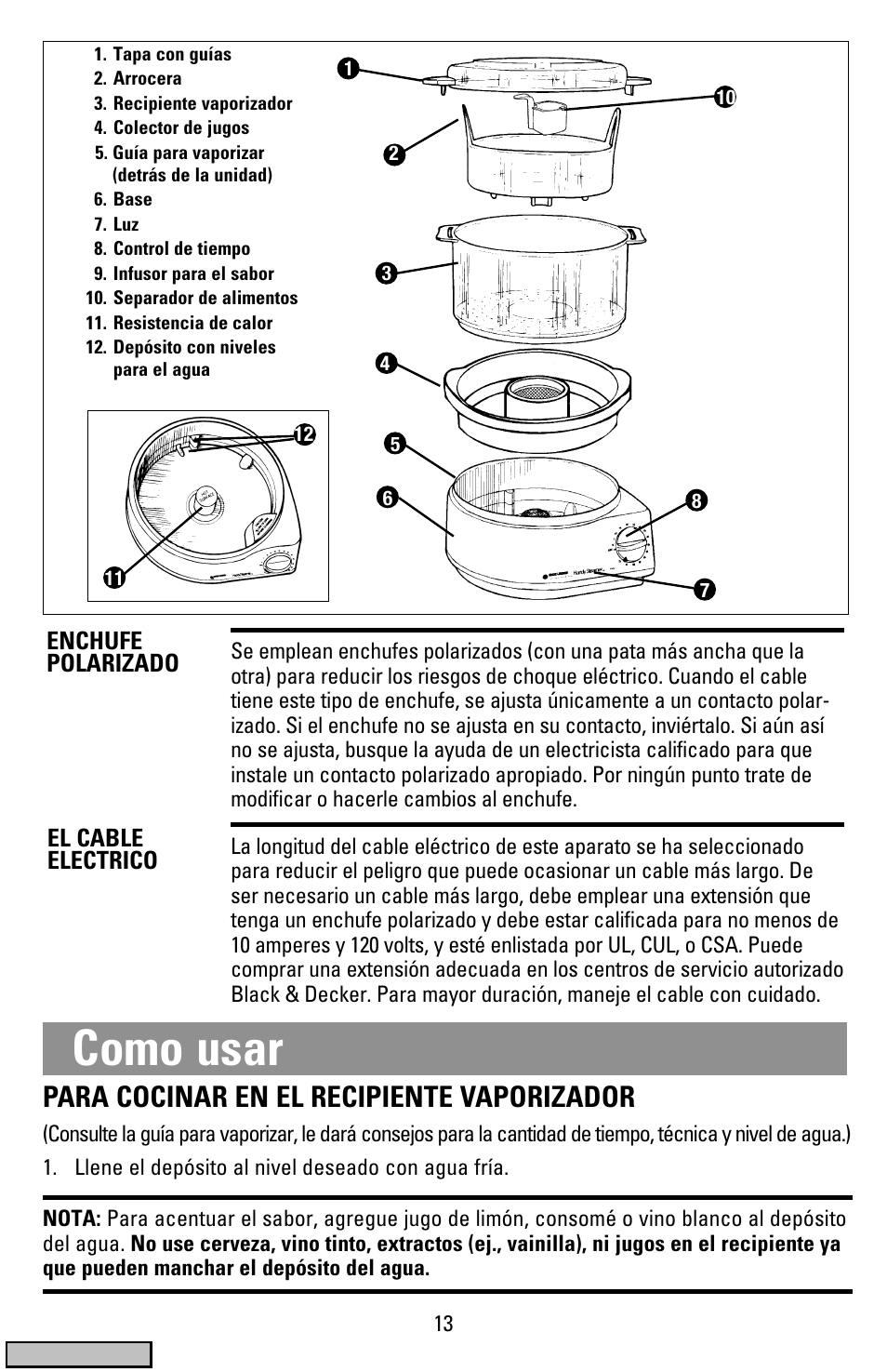 Como usar, Para cocinar en el recipiente vaporizador | Black & Decker HS900 User Manual | Page 13 / 32