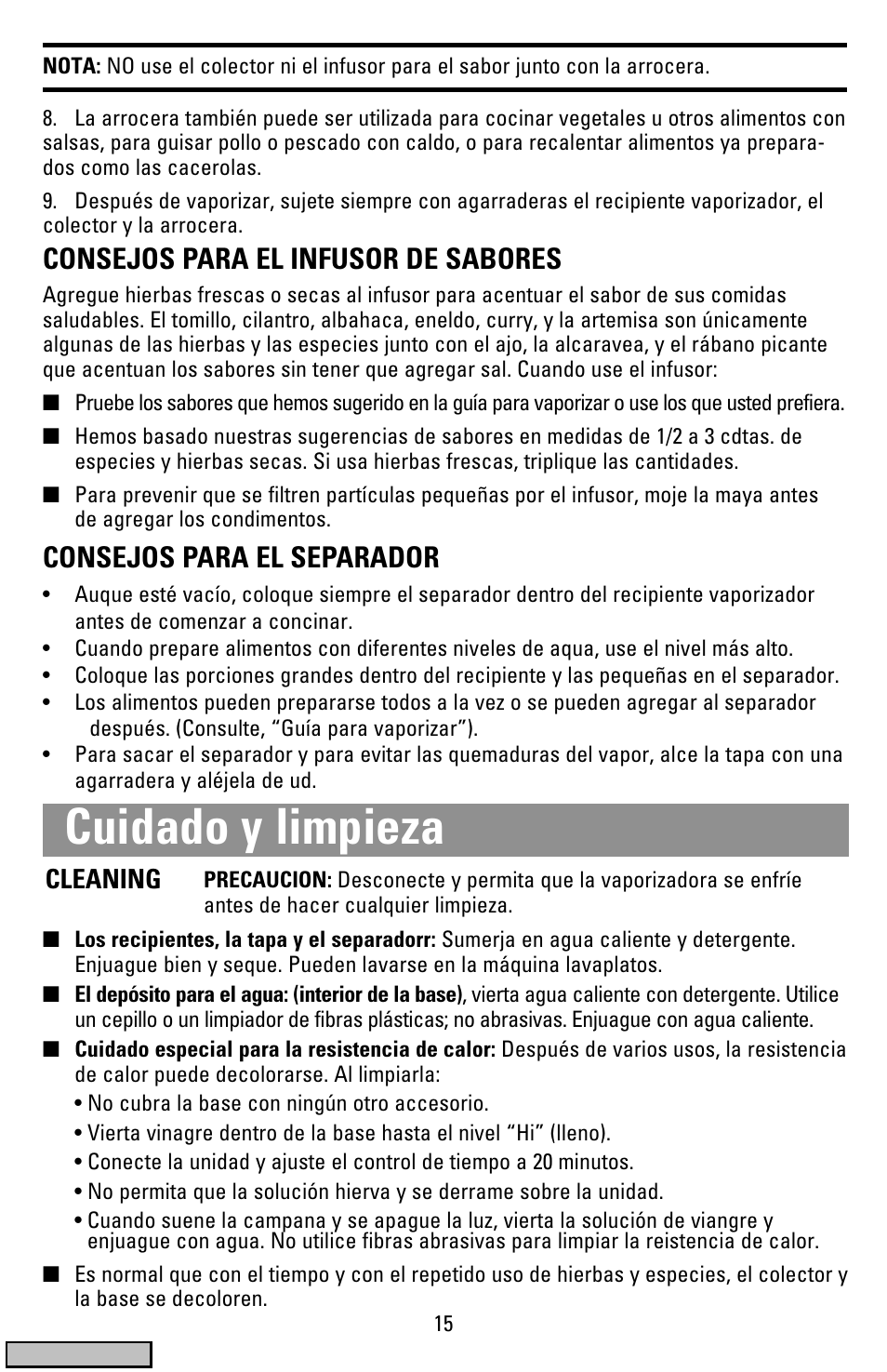 Cuidado y limpieza, Consejos para el infusor de sabores, Consejos para el separador | Black & Decker HS900 User Manual | Page 15 / 32