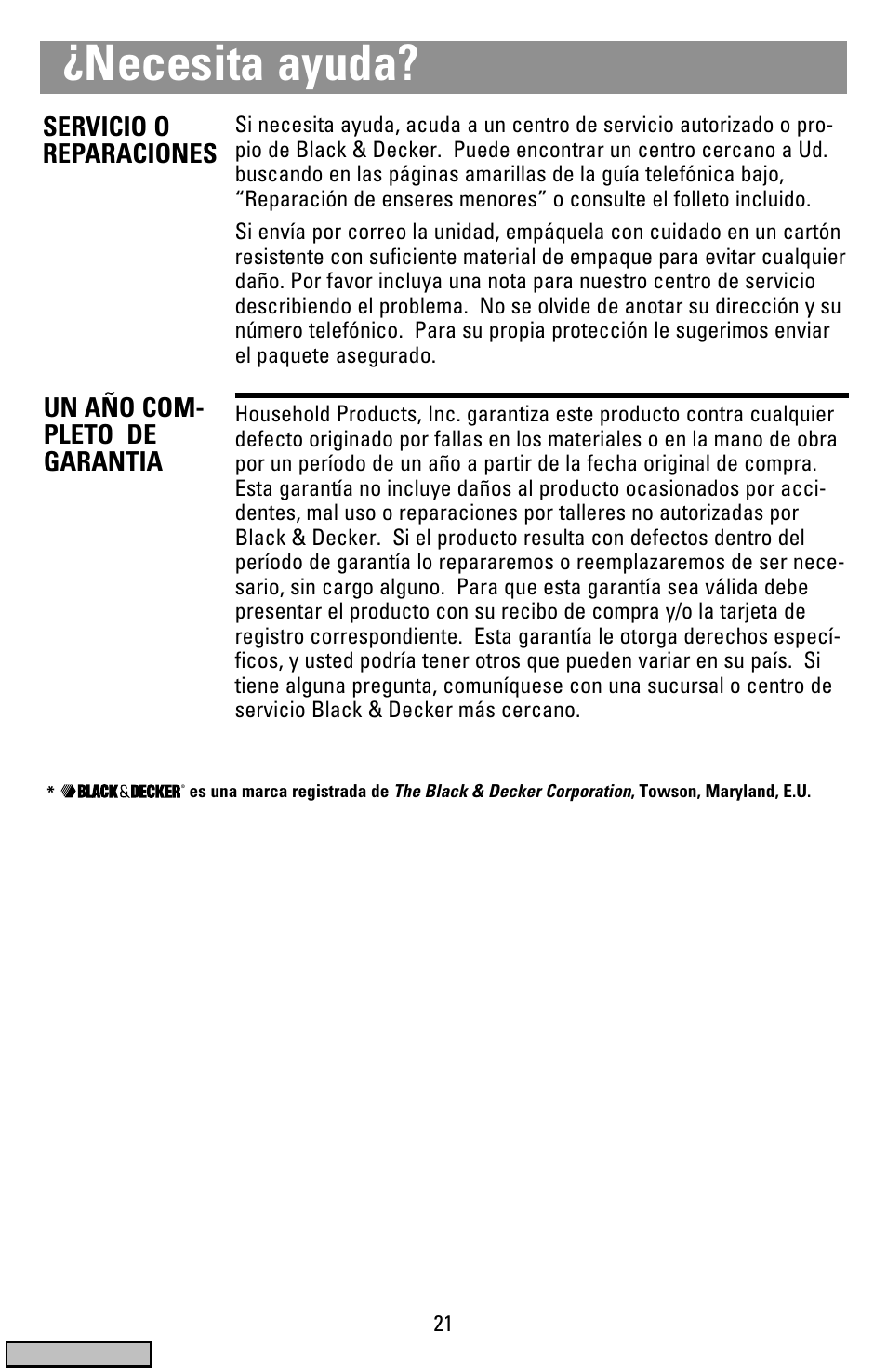 Garantia, Necesita ayuda | Black & Decker HS900 User Manual | Page 21 / 32