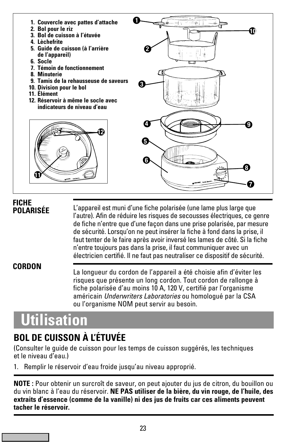 Utilisation, Bol de cuisson à l’étuvée | Black & Decker HS900 User Manual | Page 23 / 32