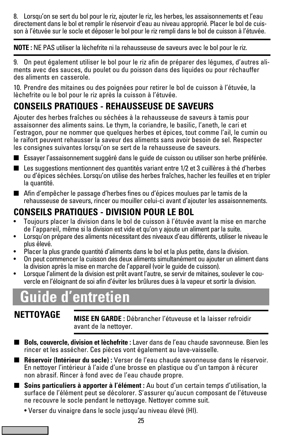 Guide d'entrien, Guide d’entretien, Conseils pratiques - rehausseuse de saveurs | Conseils pratiques - division pour le bol, Nettoyage | Black & Decker HS900 User Manual | Page 25 / 32