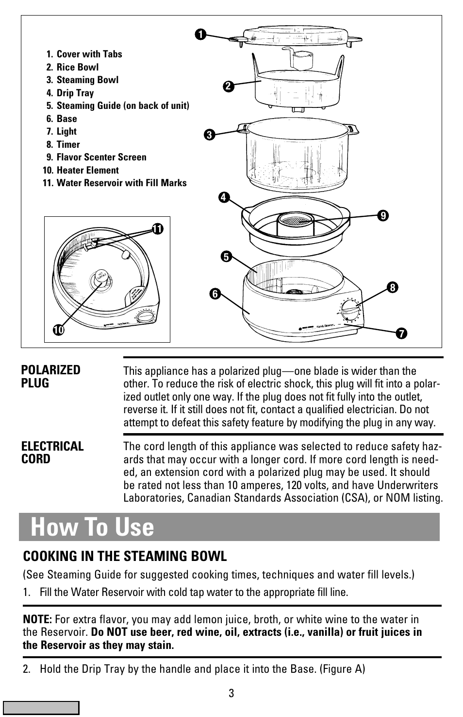 How to use, Cooking in the steaming bowl | Black & Decker HS900 User Manual | Page 3 / 32