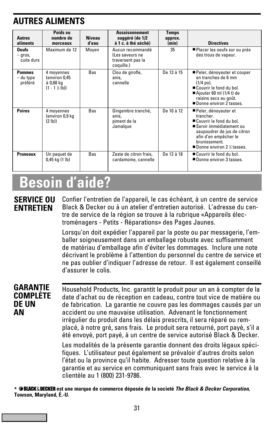 Garantie, Besoin d’aide, Autres aliments | Service ou entretien garantie complète de un an, Cover | Black & Decker HS900 User Manual | Page 31 / 32
