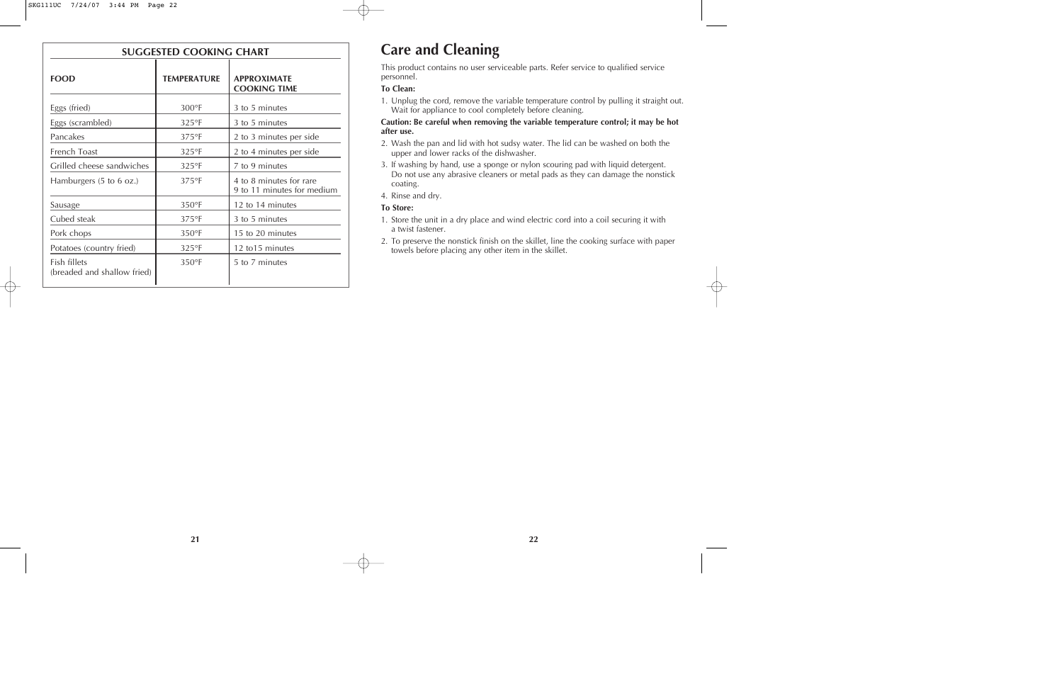 Care and cleaning | Black & Decker SKG111 User Manual | Page 12 / 15