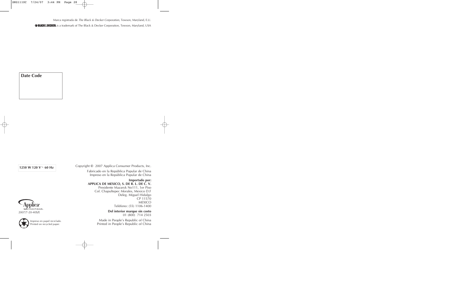 Date code | Black & Decker SKG111 User Manual | Page 15 / 15