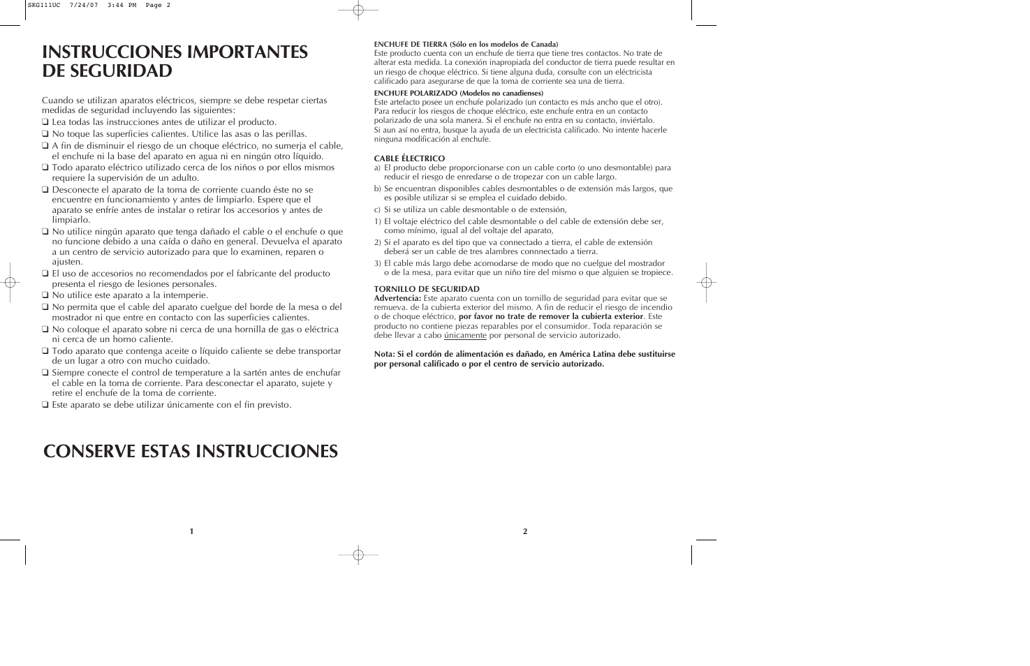 Instrucciones importantes de seguridad, Conserve estas instrucciones | Black & Decker SKG111 User Manual | Page 2 / 15