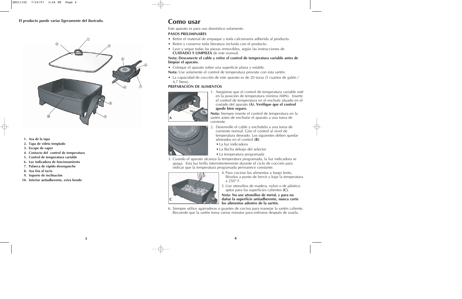 Como usar, El producto puede variar ligeramente del ilustrado | Black & Decker SKG111 User Manual | Page 3 / 15