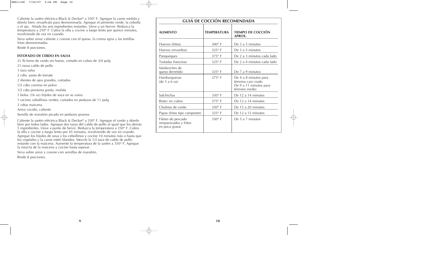 Guiá de cocción recomendada | Black & Decker SKG111 User Manual | Page 6 / 15