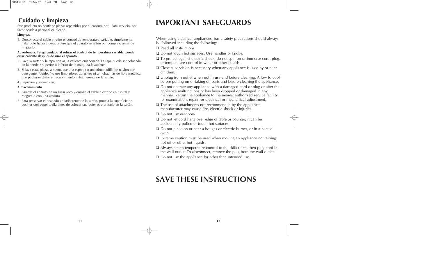 Important safeguards, Save these instructions, Cuidado y limpieza | Black & Decker SKG111 User Manual | Page 7 / 15