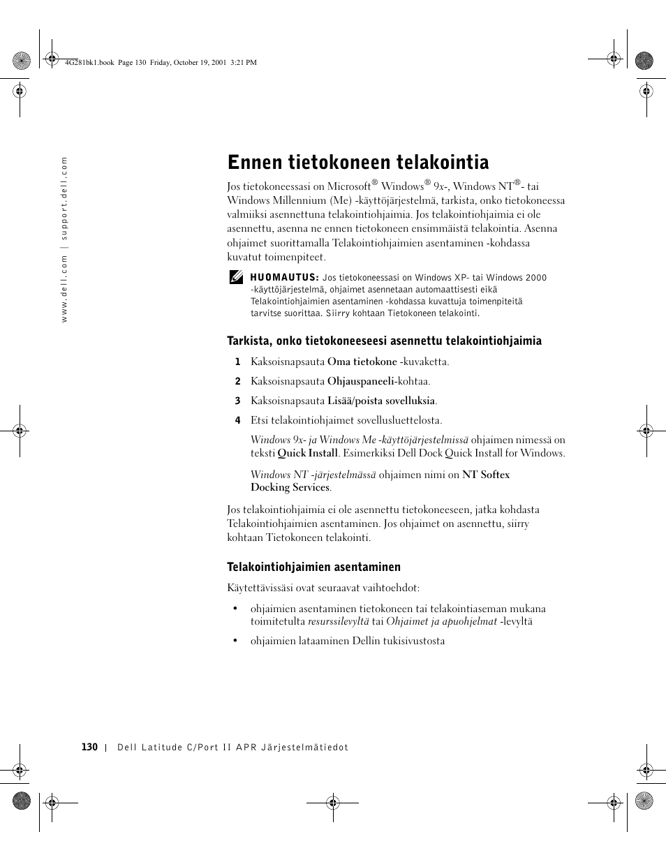 Ennen tietokoneen telakointia | Dell C/Port II APR User Manual | Page 132 / 438