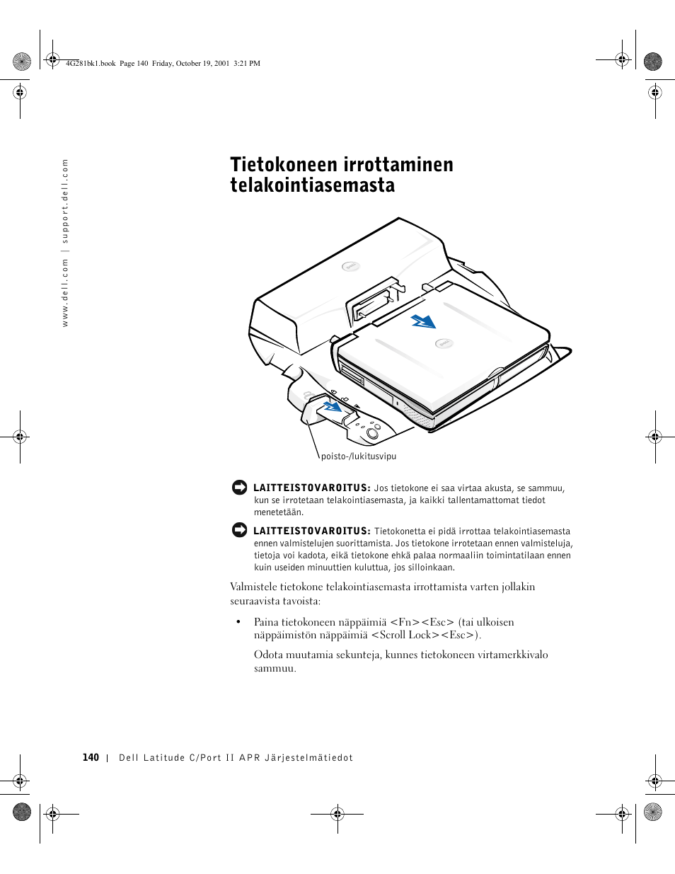 Tietokoneen irrottaminen telakointiasemasta | Dell C/Port II APR User Manual | Page 142 / 438