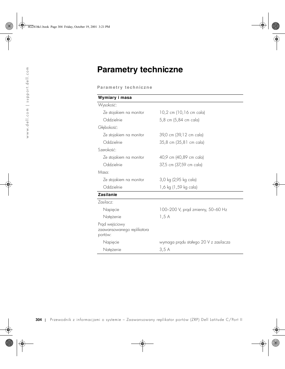 Parametry techniczne | Dell C/Port II APR User Manual | Page 306 / 438