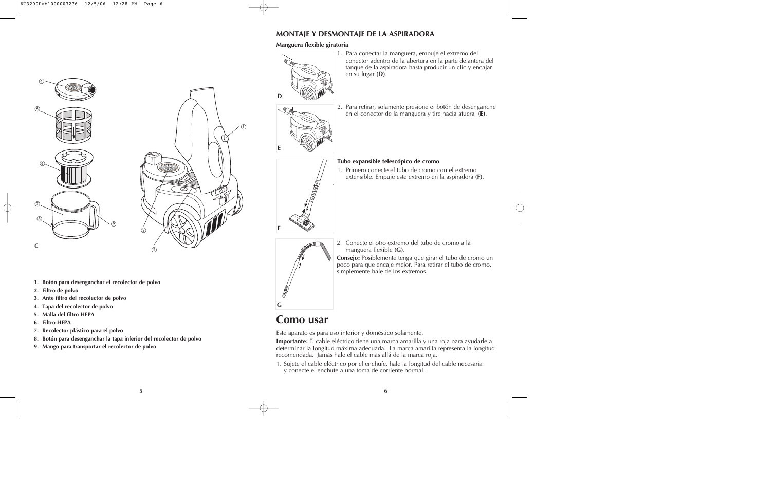 Como usar, Montaje y desmontaje de la aspiradora | Black & Decker VC3200 User Manual | Page 4 / 14