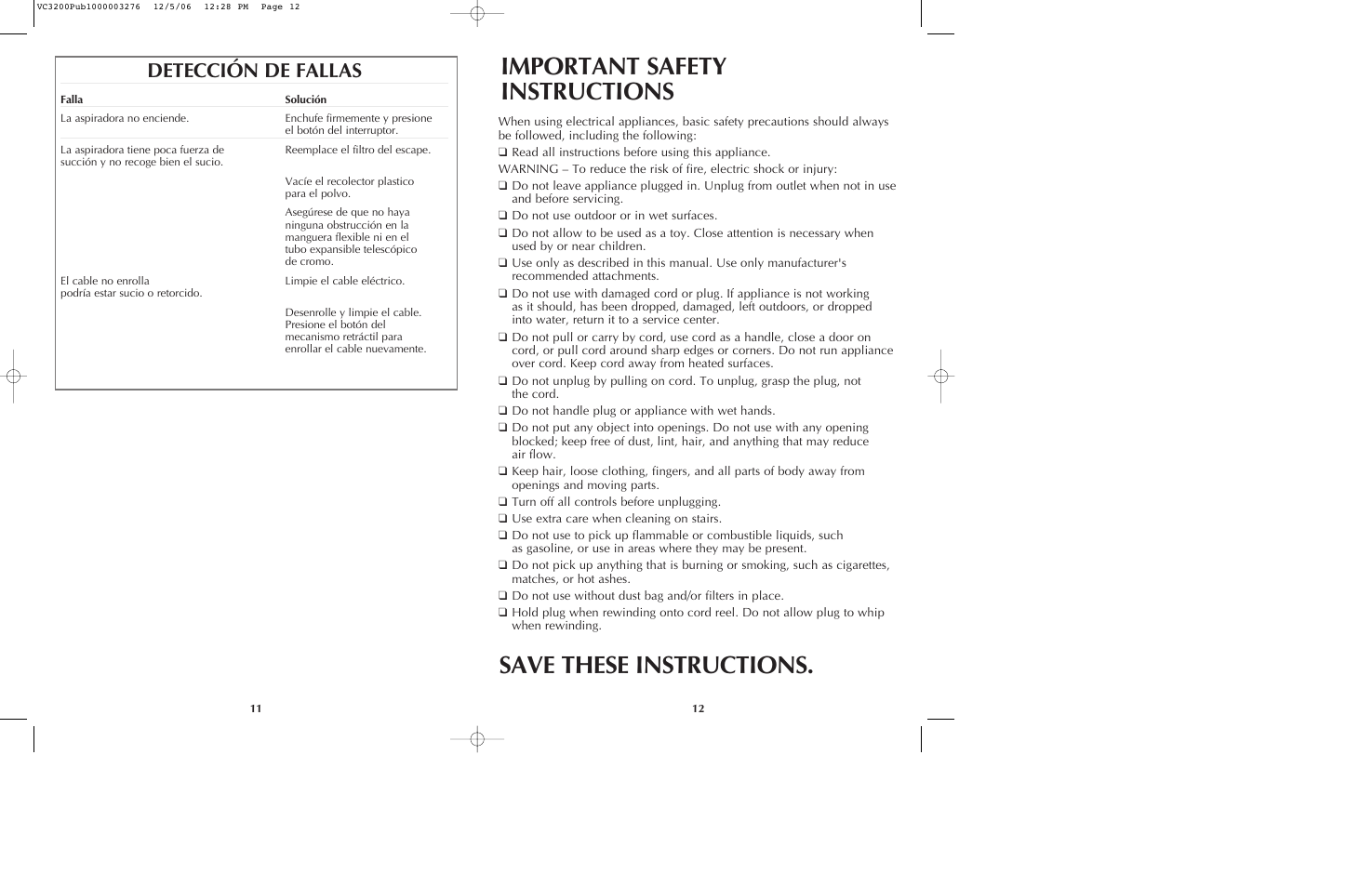 Important safety instructions, Save these instructions, Detección de fallas | Black & Decker VC3200 User Manual | Page 7 / 14
