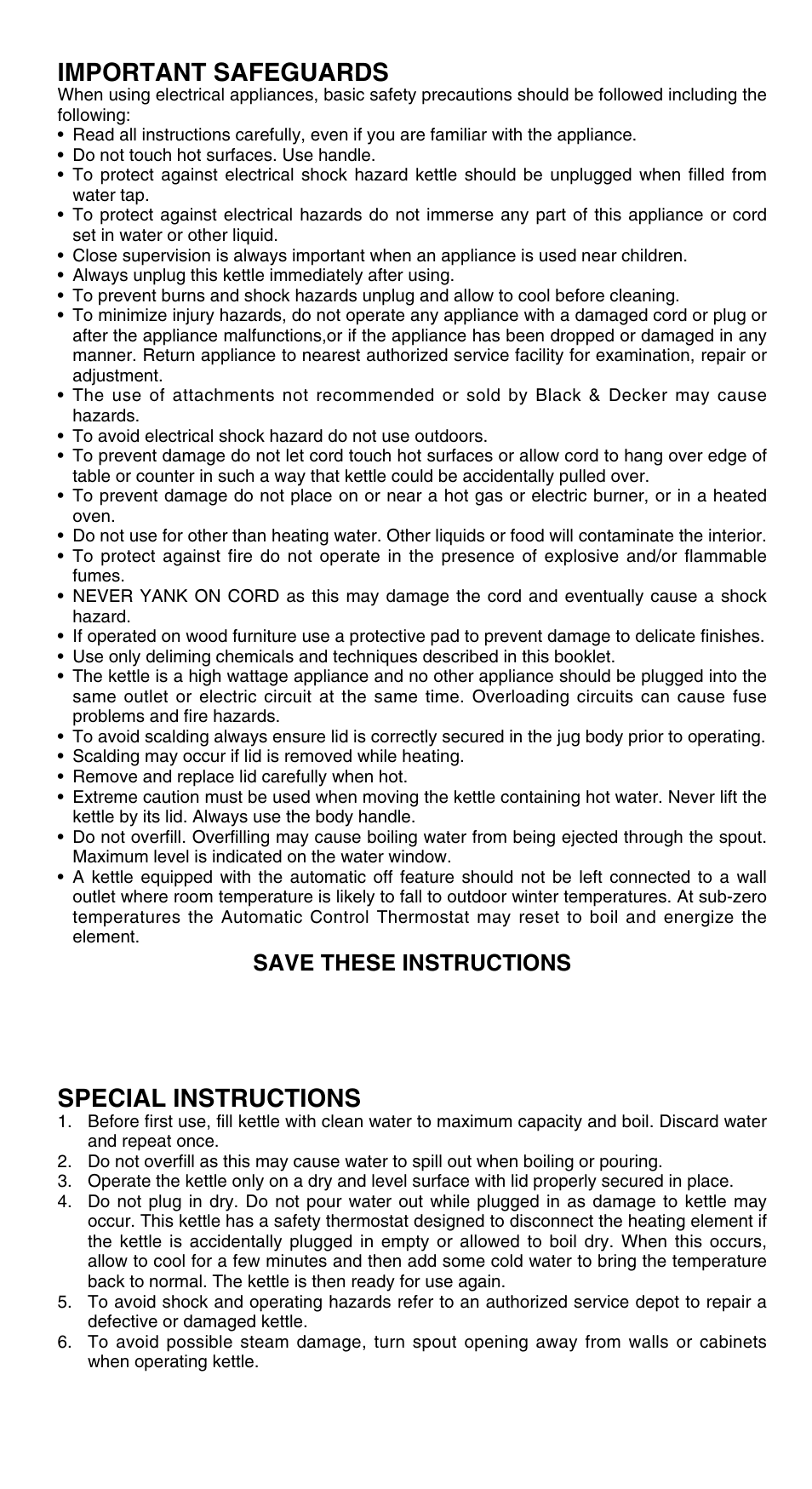 Safegaurds, Special instructions, Important safeguards | Save these instructions | Black & Decker JK200 User Manual | Page 2 / 4