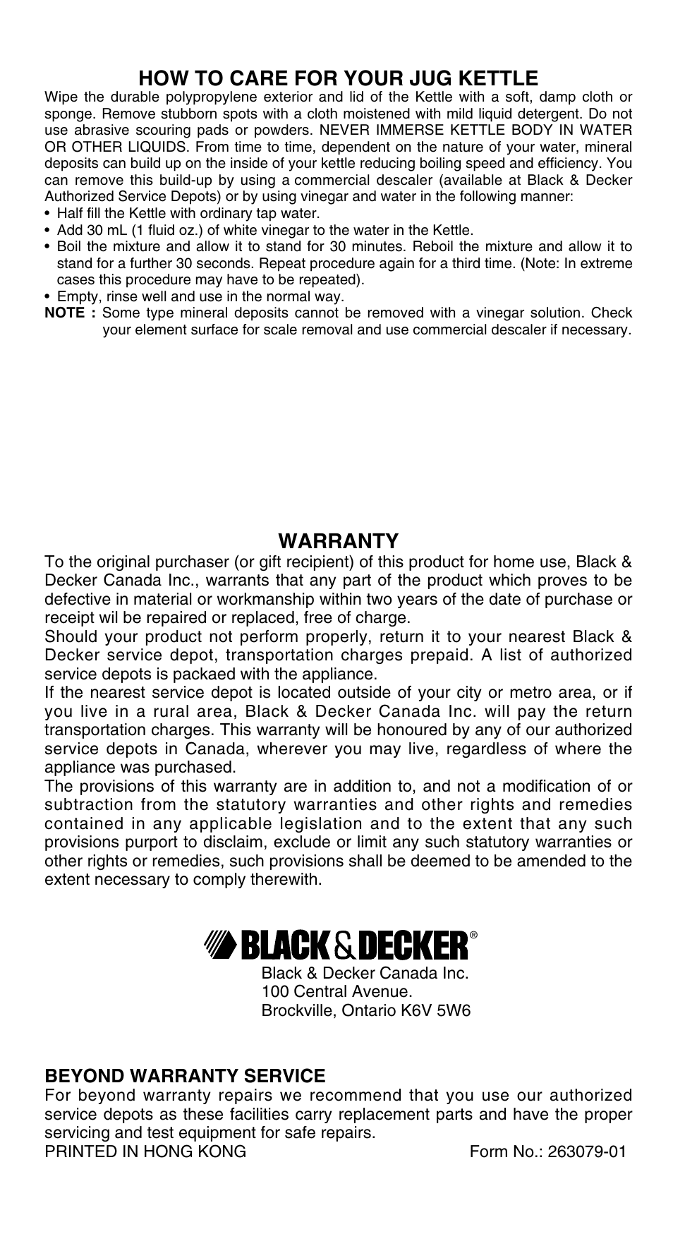 Care, Warranty, How to care for your jug kettle | Beyond warranty service | Black & Decker JK200 User Manual | Page 4 / 4