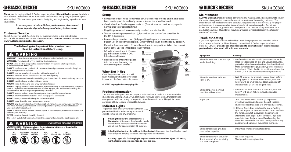 Sku #cc800, Setup, When not in use | Maintenance, Troubleshooting, Indicator lights, Product information, Customer service | Black & Decker cc800 User Manual | Page 2 / 2