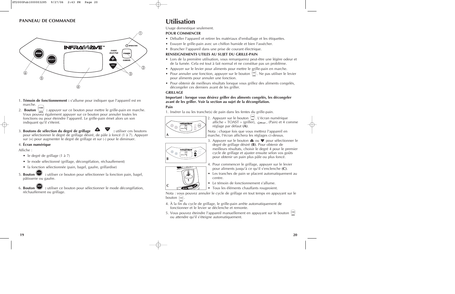 Utilisation, Panneau de commande | Black & Decker INFRAWAVE ST2000 User Manual | Page 11 / 15