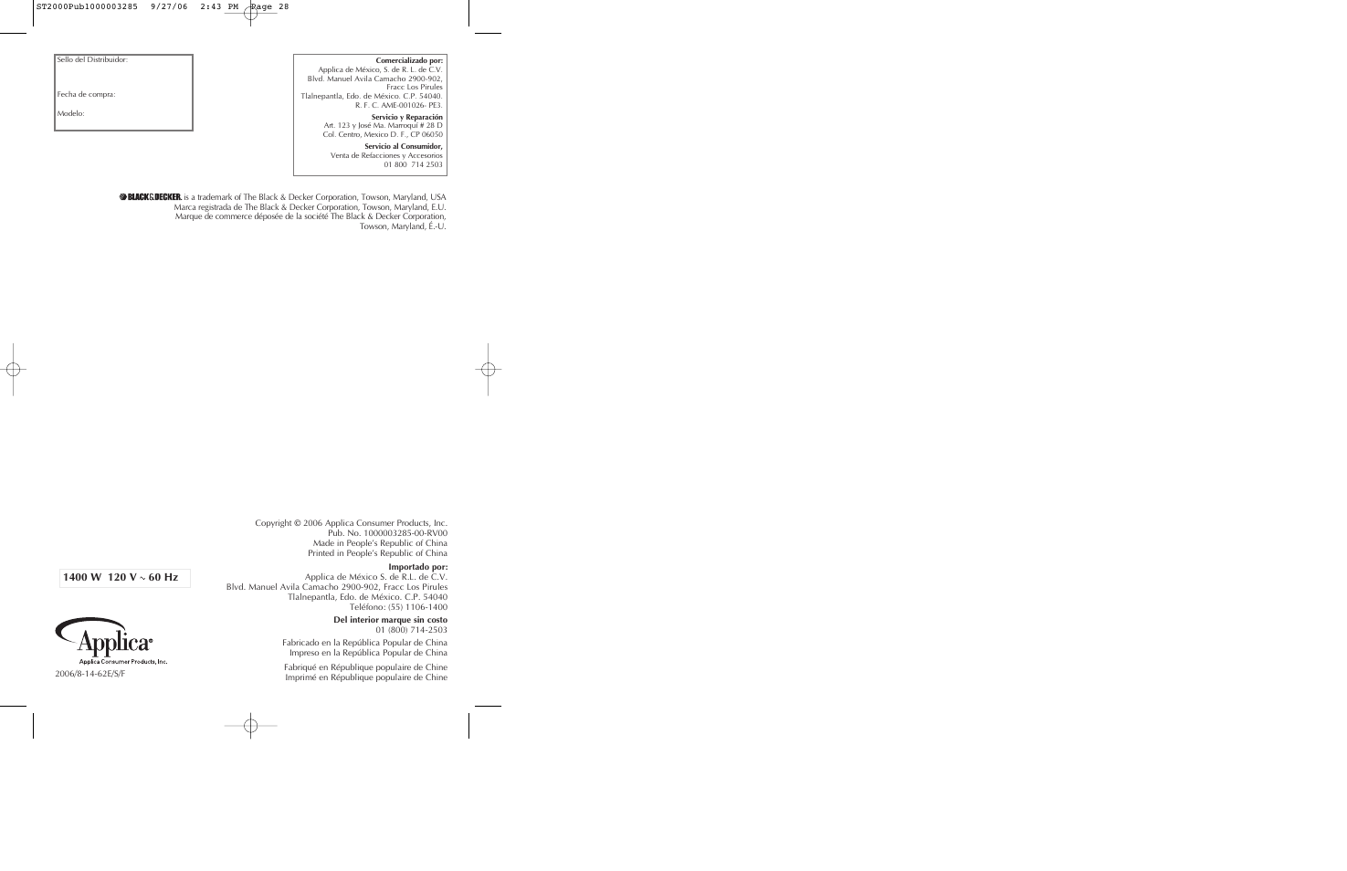 Black & Decker INFRAWAVE ST2000 User Manual | Page 15 / 15