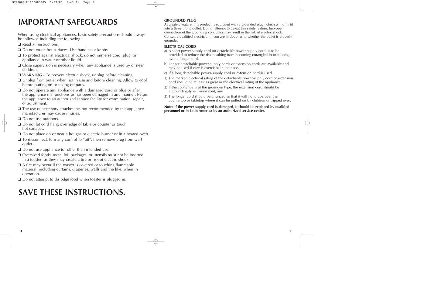 Important safeguards save these instructions | Black & Decker INFRAWAVE ST2000 User Manual | Page 2 / 15