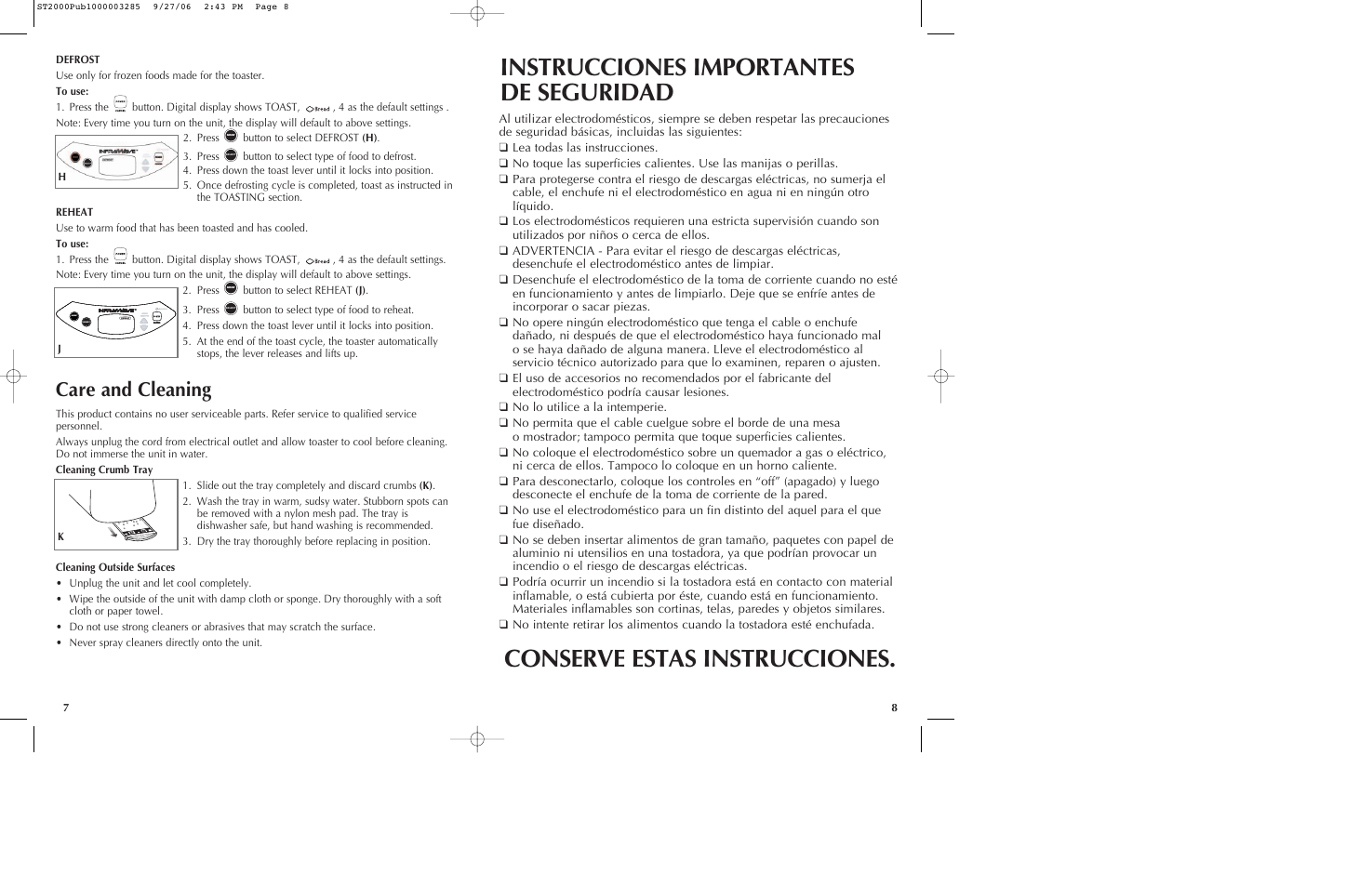 Instrucciones importantes de seguridad, Conserve estas instrucciones, Care and cleaning | Black & Decker INFRAWAVE ST2000 User Manual | Page 5 / 15