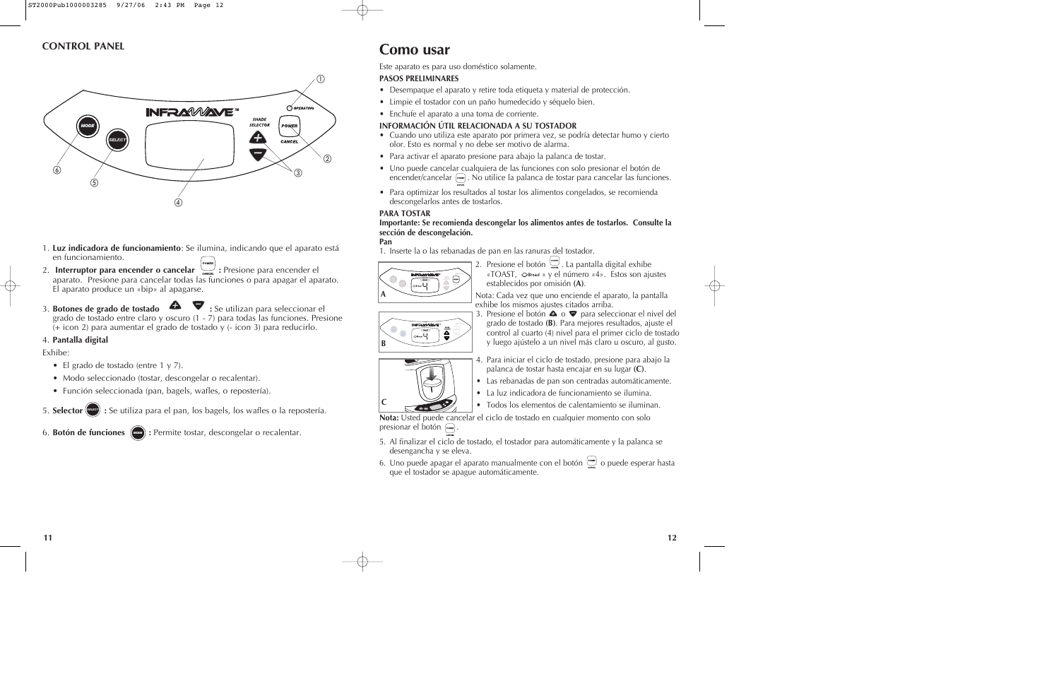 Como usar, Control panel | Black & Decker INFRAWAVE ST2000 User Manual | Page 7 / 15