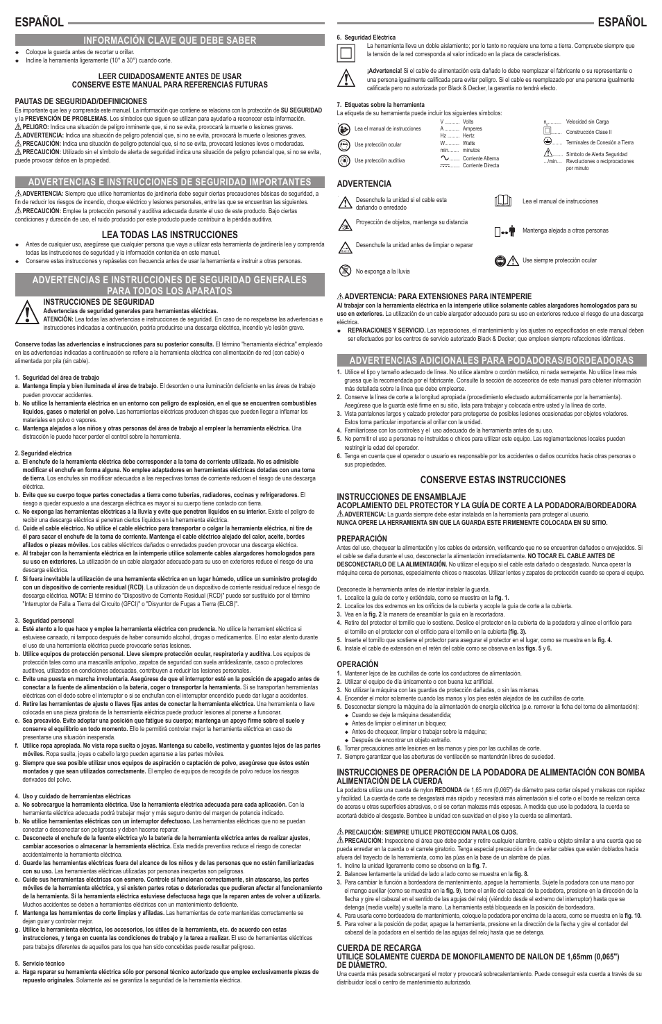 Español, Conserve estas instrucciones, Lea todas las instrucciones | Instrucciones de ensamblaje, Cuerda de recarga, Advertencia | Black & Decker ST4500YK User Manual | Page 2 / 4