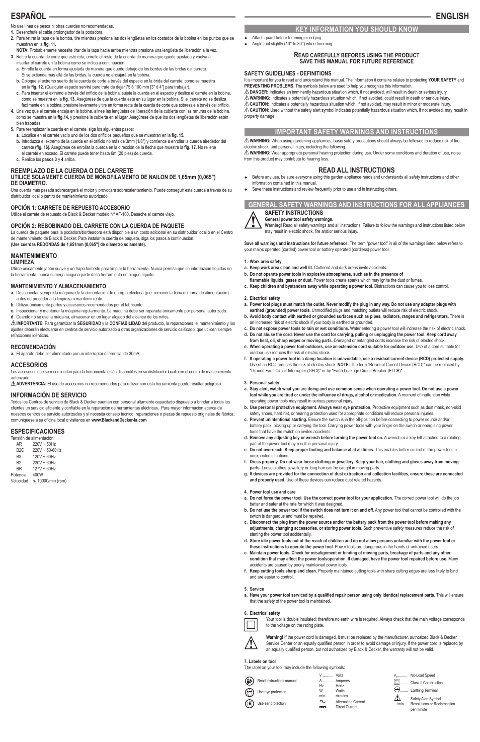 Español, English, Read all instructions | Reemplazo de la cuerda o del carrete, Mantenimiento, Accesorios, Información de servicio, Especificaciones | Black & Decker ST4500YK User Manual | Page 3 / 4