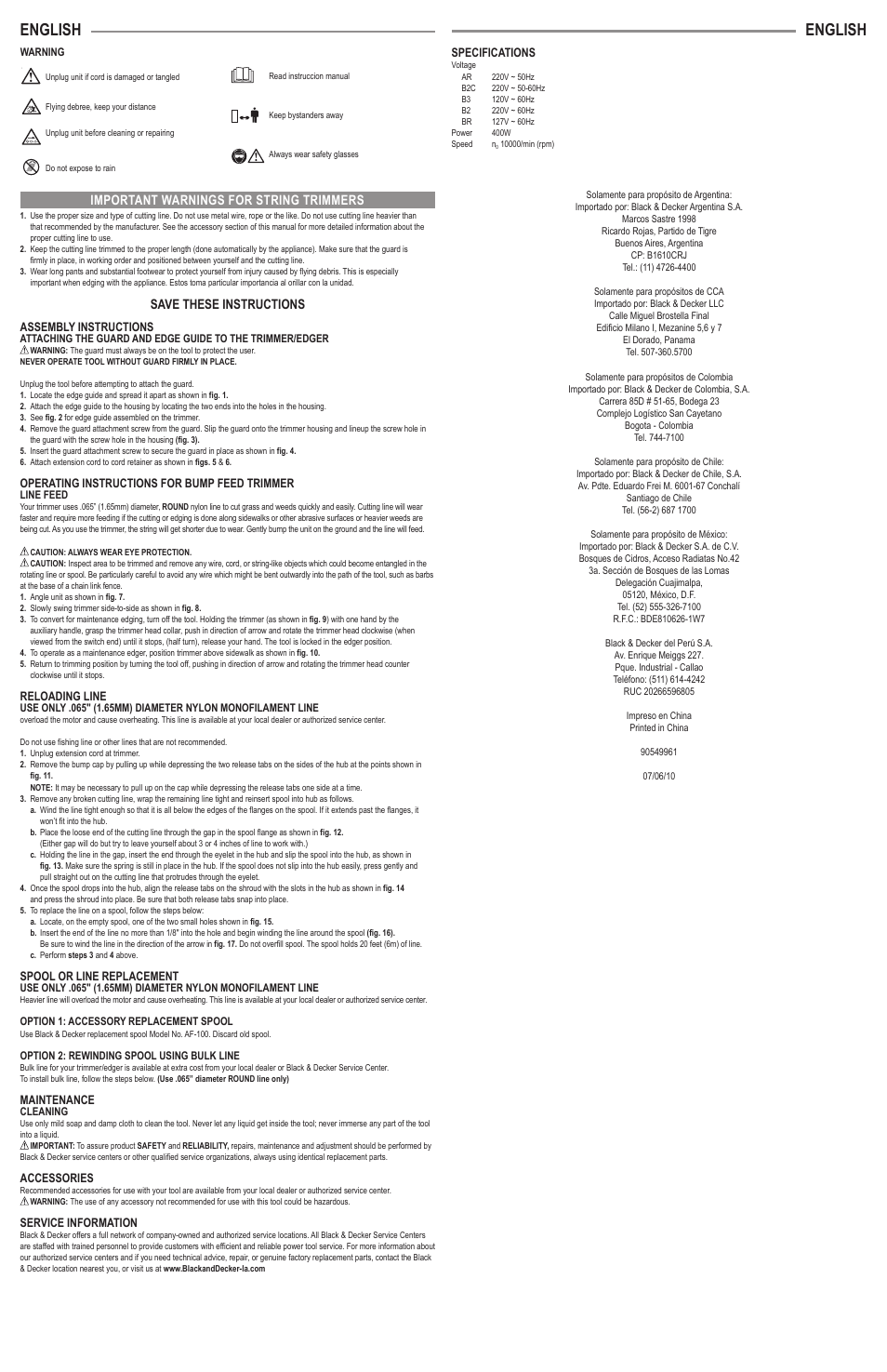 English, Save these instructions, Important warnings for string trimmers | Black & Decker ST4500YK User Manual | Page 4 / 4