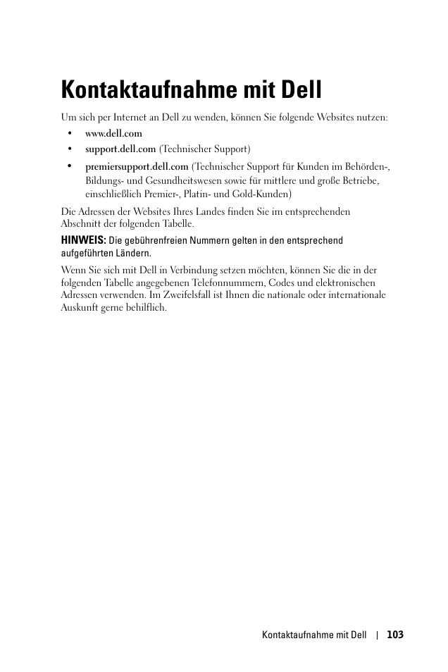 Kontaktaufnahme mit dell, 6 kontaktaufnahme mit dell | Dell 1100MP User Manual | Page 103 / 976