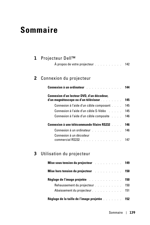 Sommaire, 1 projecteur dell, 2 connexion du projecteur | 3 utilisation du projecteur | Dell 1100MP User Manual | Page 139 / 976