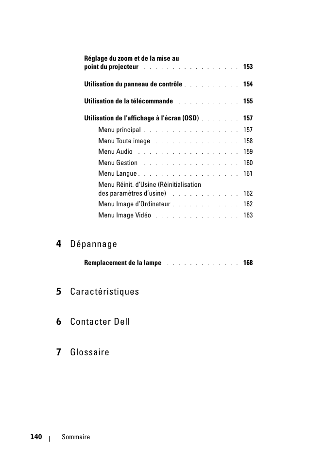 4 dépannage, 5 caractéristiques 6 contacter dell 7 glossaire | Dell 1100MP User Manual | Page 140 / 976